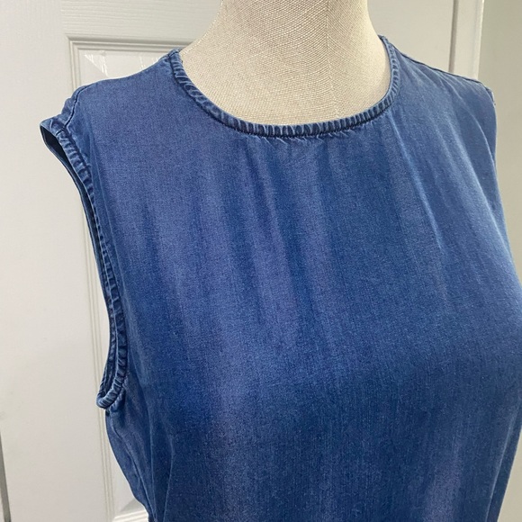 Zara Smocked Waist Maxi Sleeveless Tie Waist Chambray Denim Blue Dress Small - Picture 7 of 10